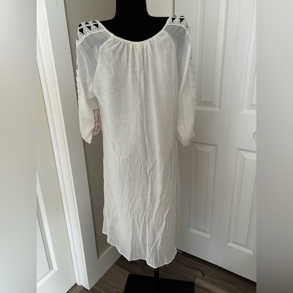 Indigo Rose White Gauzy Dress Open Crochet Sleeves Front Crochet Accent Large - Picture 3 of 7